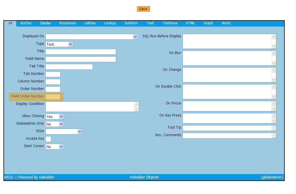 Screenshot - Object properties definition with &quot;Field order number&quot;