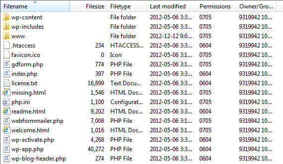 Screenshot of some  files in root directory on GoDaddy