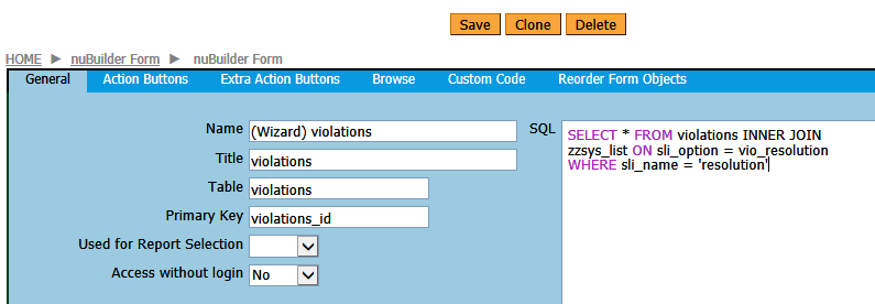 Form with sample SQL for dropdown list