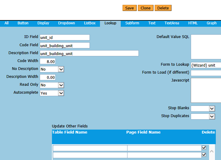 Definition of lookup field for unit