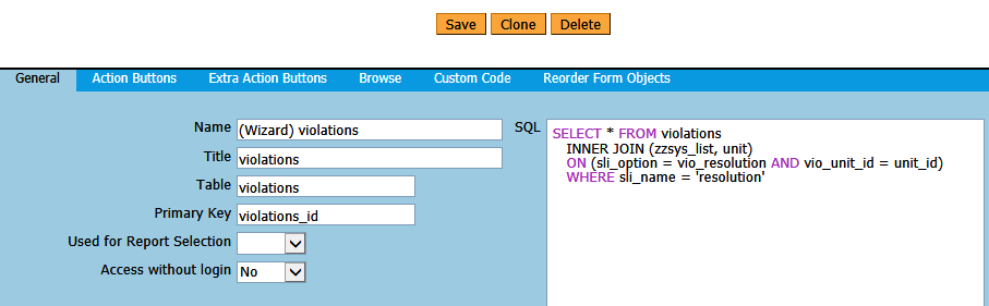 SQL for violations form