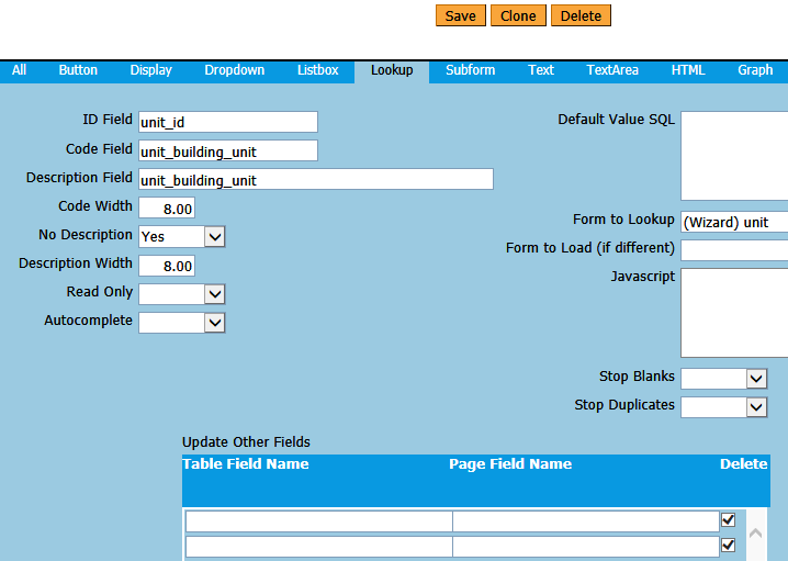 Lookup tab for unit lookup field in violations form