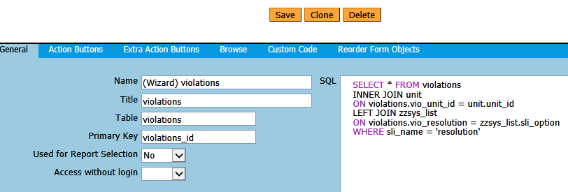 SQL statement for violations form