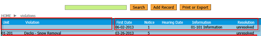 violations browse form after adding the record