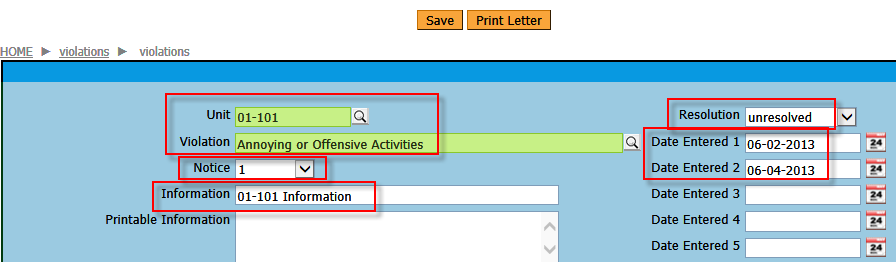 Data entered into the violations edit form from add record