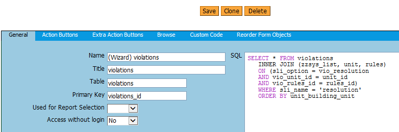 SQL code for Violations Edit form