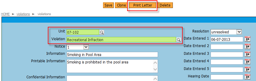 Edit form with print letter button