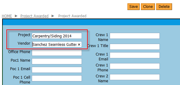 Project Awarded form with project and vendor