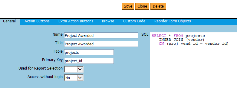 SQL for Project Awarded form