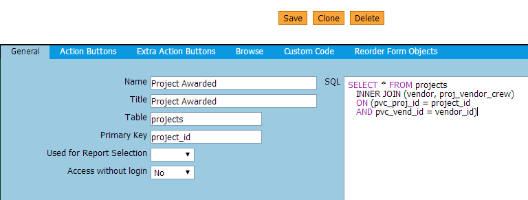 SQL for Project Awarded Form