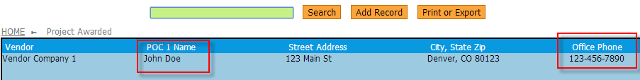 Project Awarded browse form showing data from vendor table