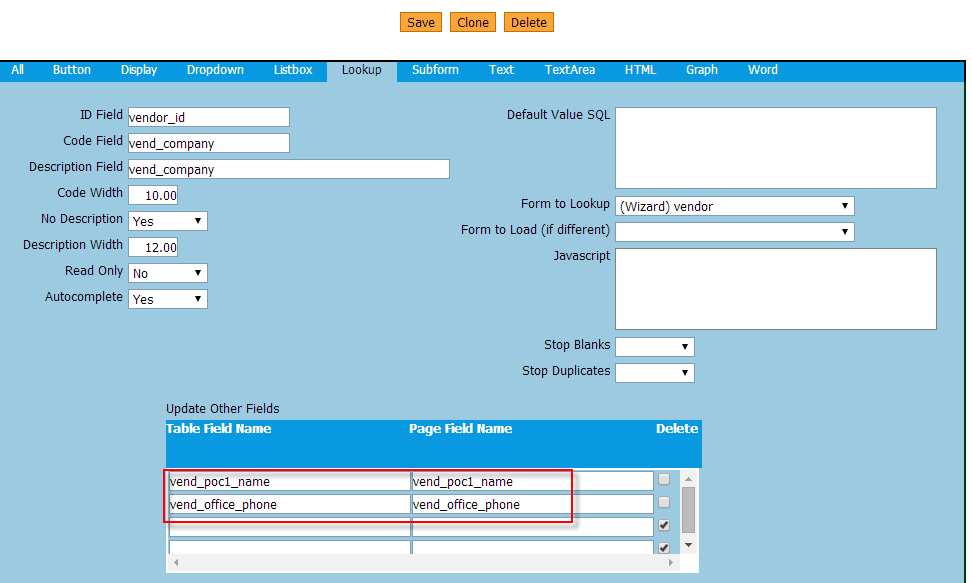 lookup form with update other fields