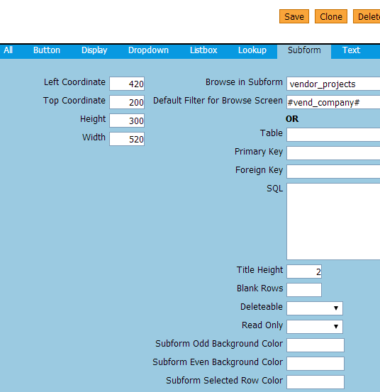 Vendor subform definition