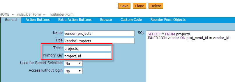 vendor_project form with table of projects