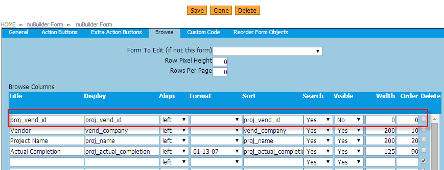 proj_vend_id as non-visible field