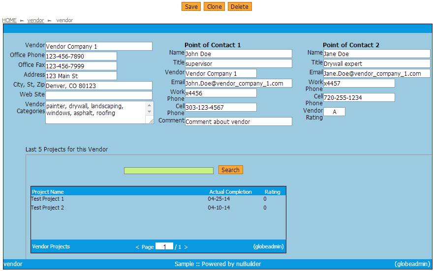 Main vendor form with Projects subform