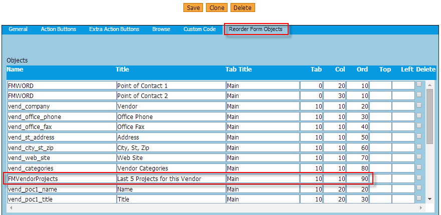 Form object in vendor main form that points to project subform