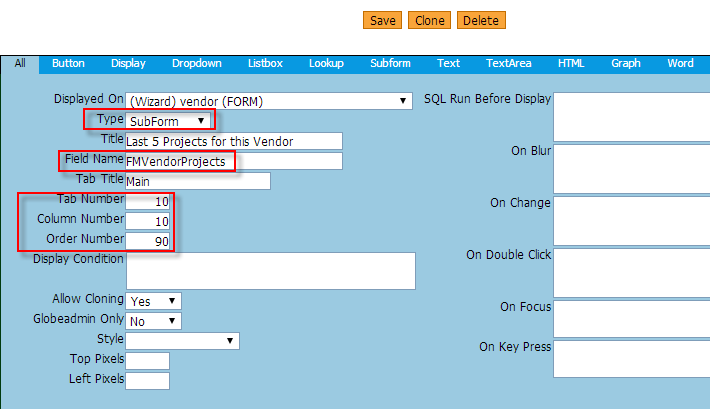 All tab for subform field