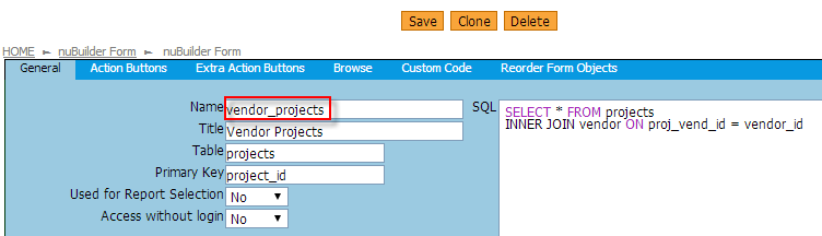 General tab for projects subform