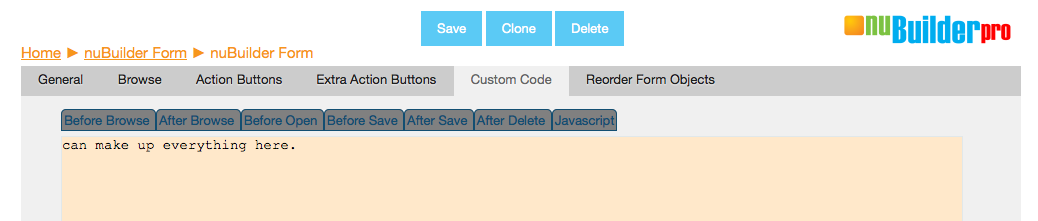 We can type anything in the beforeSave tab (as well as in all the other tabs)...